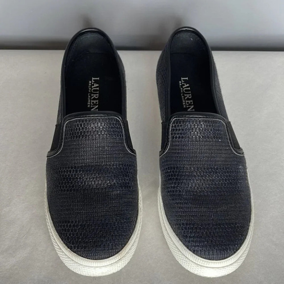 LAUREN RALPH LAUREN Jinny Slip On Sneaker Black White Weave Logo Low Top 5.5 - Picture 5 of 12